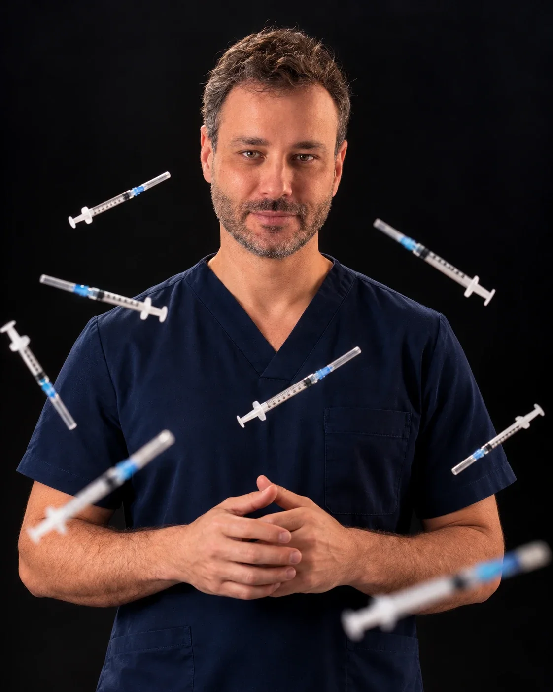 Dr. Marcelo Belon, de uniforme azul-marinho, cercado por seringas sobre fundo preto